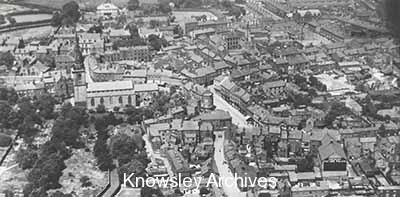 Aerial view of Prescot town centre