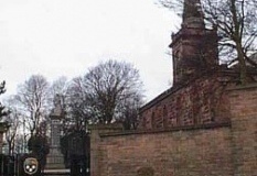 Alphabet Stone, war memorial and St Mary's Church, Prescot